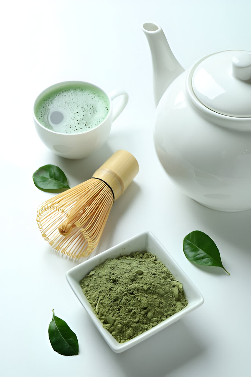 Matcha tea with whisk, teapot, and green tea powder