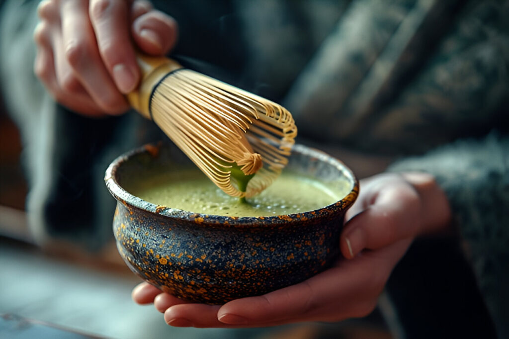 Whisking matcha in a traditional Japanese tea bowl
