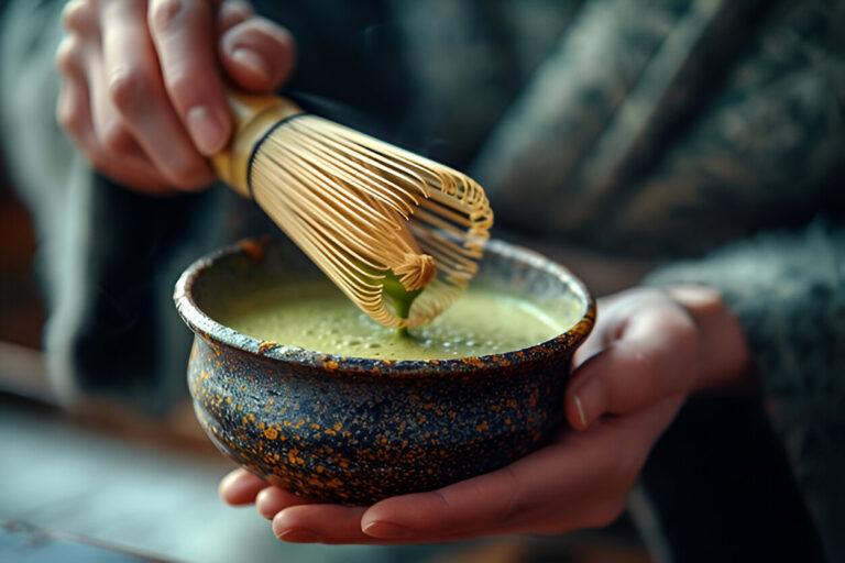 Whisking matcha in a traditional Japanese tea bowl