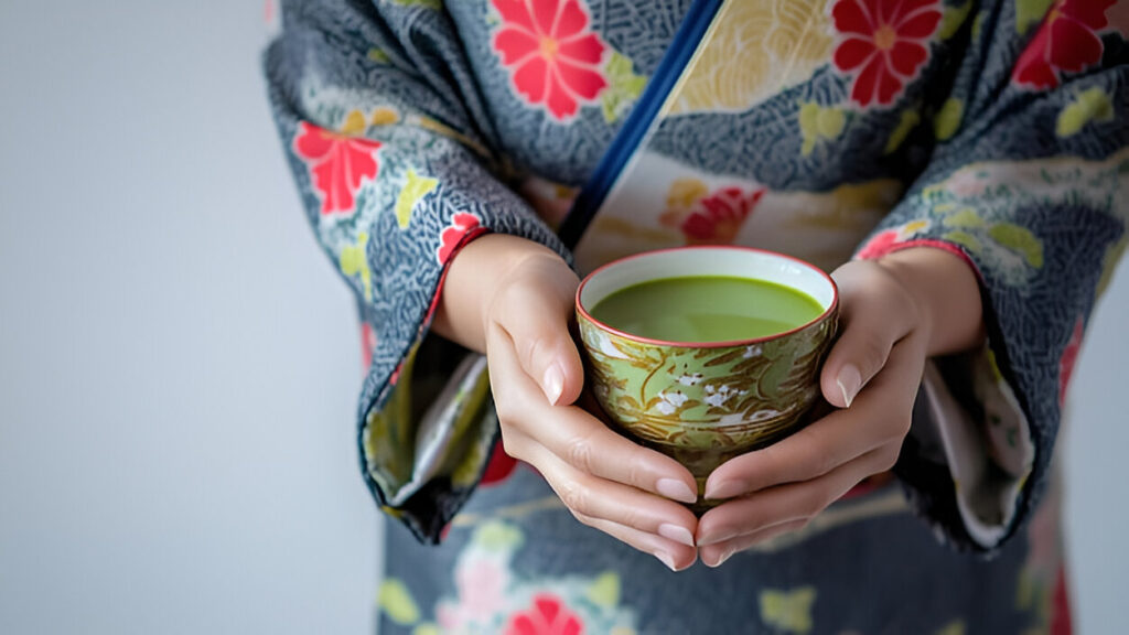 Person in kimono holding a bowl of freshly whisked matcha tea