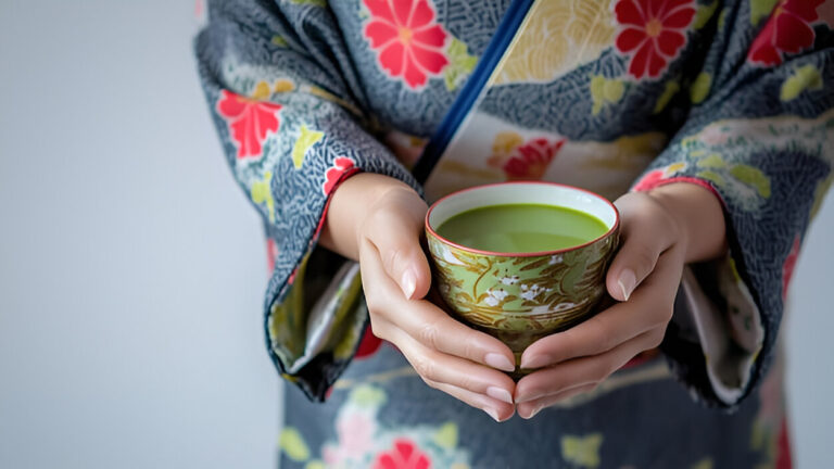 Person in kimono holding a bowl of freshly whisked matcha tea